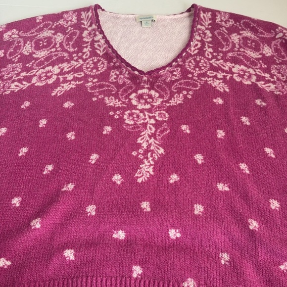 Sundance magenta purple V-neck long sleeve sweater w cream floral paisley detail - Picture 15 of 16